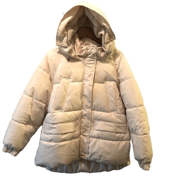 Zara Winter Puffer Hooded Coat Double Pockets Cream Size XL NWOT Mid Length - Picture 1 of 10